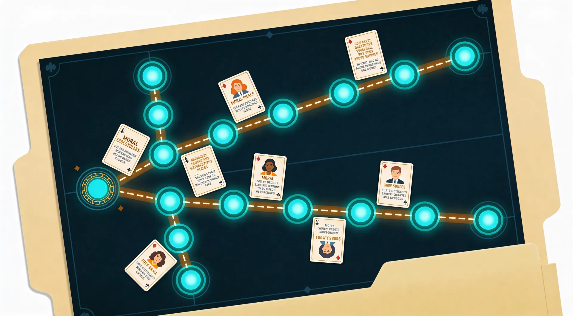 A classified game board inside a manila folder showing branching moral dilemma paths with glowing teal decision nodes and character profile cards