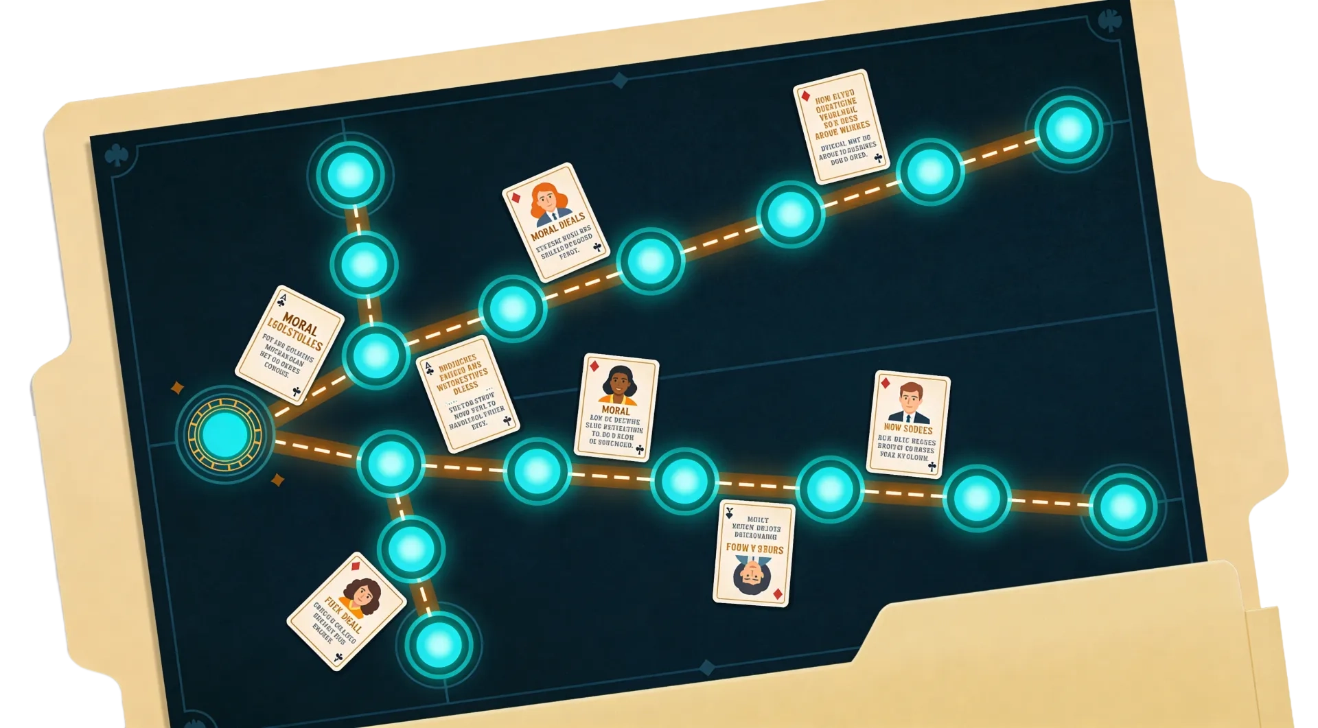 A classified game board inside a manila folder showing branching moral dilemma paths with glowing teal decision nodes and character profile cards